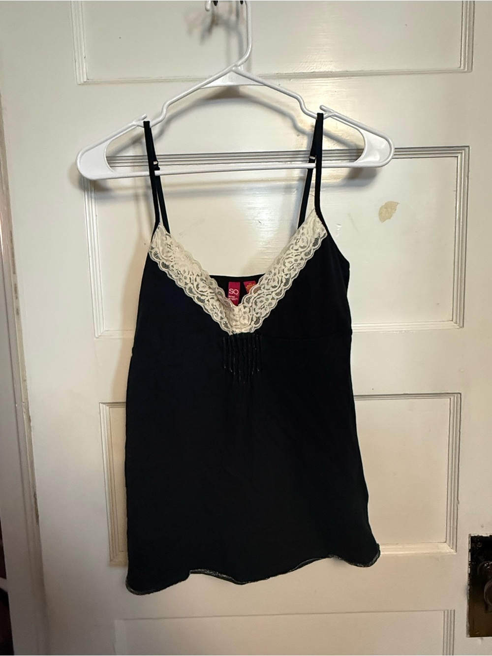 SO black lace cami tank top with white lace trim and white hem along bottom,SZ M